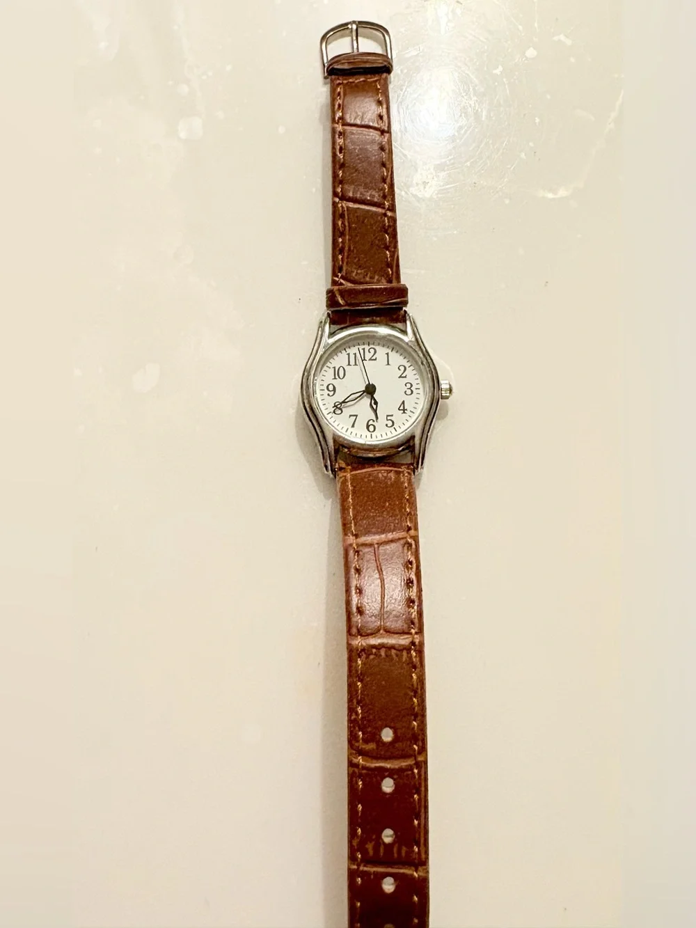 Men's Silver Case Watch with White Dial and Brown Leather Strap